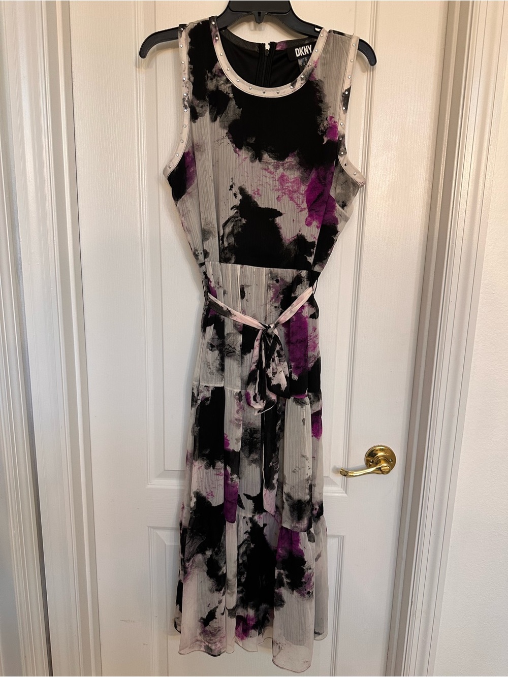 DKNY Black, Purple & Cream Sleeveless Maxi Dress with Waist Tie